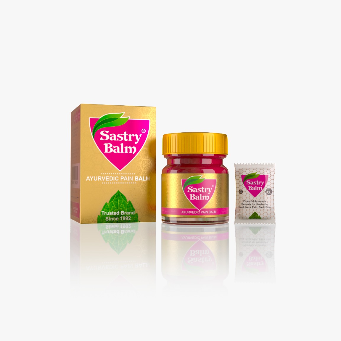 Sastry Balm gold box, jar, and sachet presentation