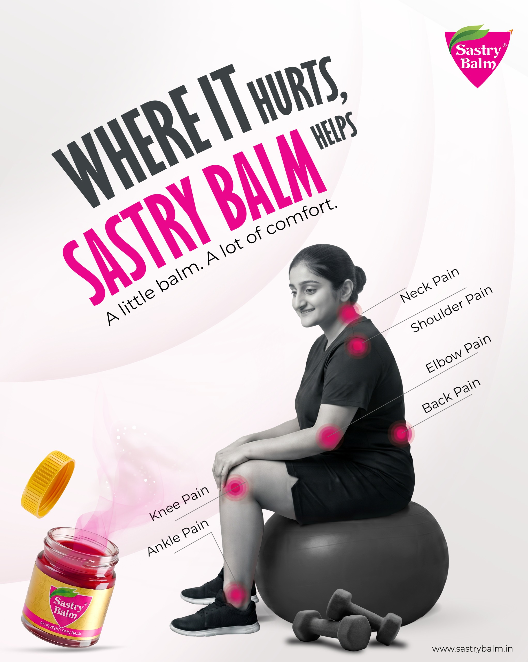 Sastry Balm mobile campaign with the headline Where it hurts, Sastry Balm helps, a woman seated on an exercise ball with illustrated discomfort markers and a balm jar.
